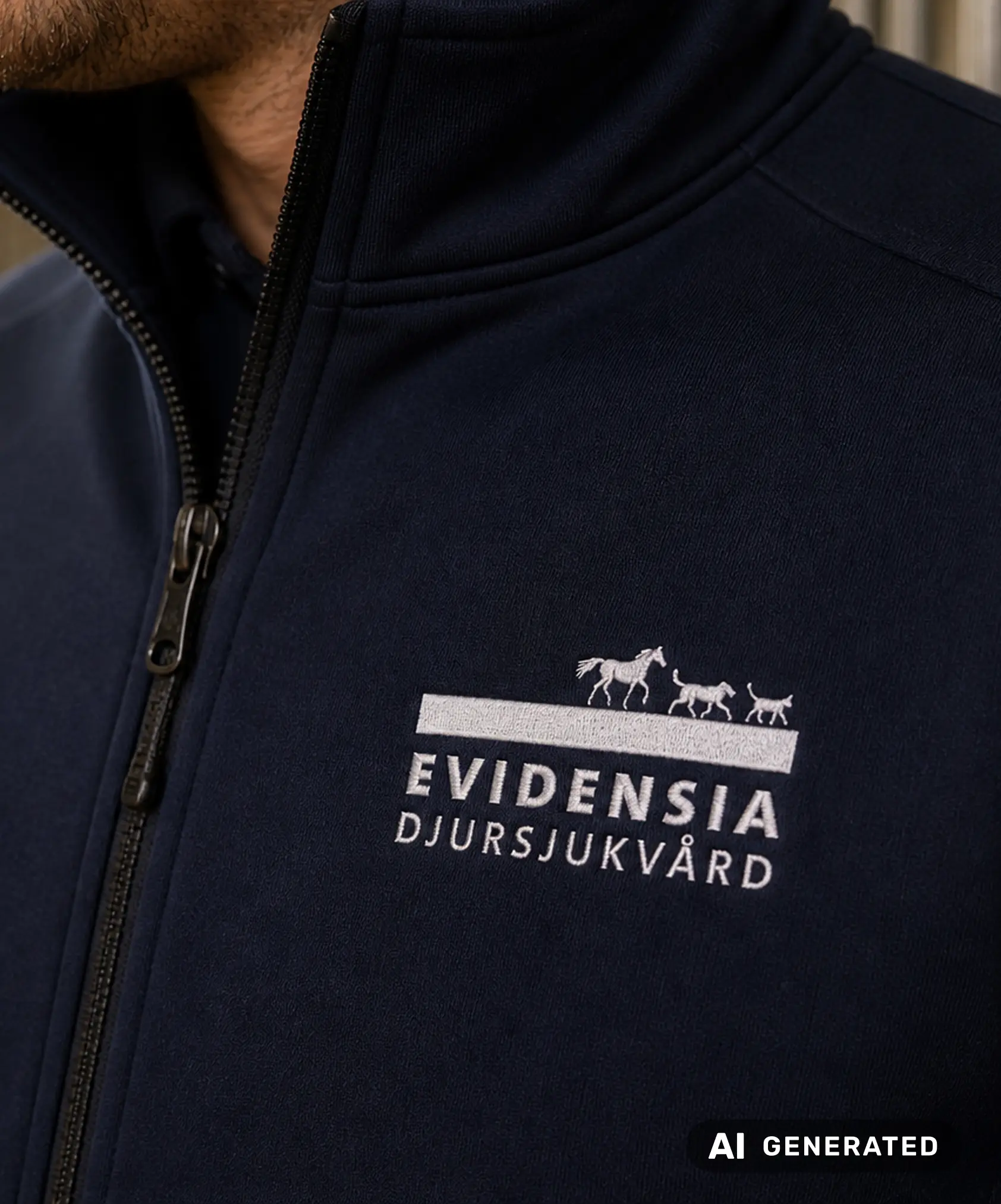 N&auml;rbild p&aring; marinbl&aring; Evidensia Djursjukv&aring;rd-jacka med broderad logotyp.